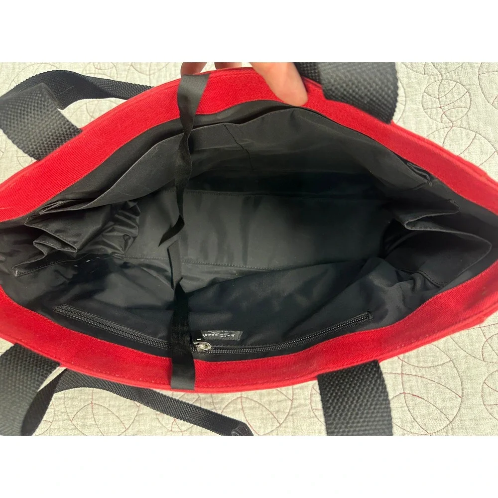 Kate Spade New York Diaper Bag Red Canvas Teddy Rattle Blankie Leather Trim